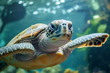 Fototapeta premium a beautiful cute turtle swim in deep ocean close up shot generated by AI