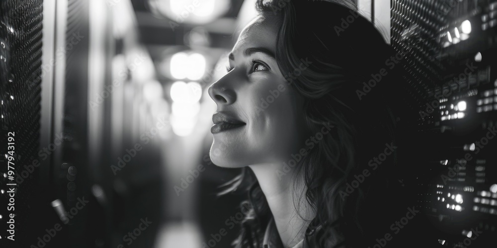 Poster a person standing in a hallway with a neutral background