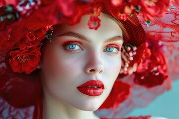 A woman wearing a distinctive red hat adorned with flowers, perfect for various occasions