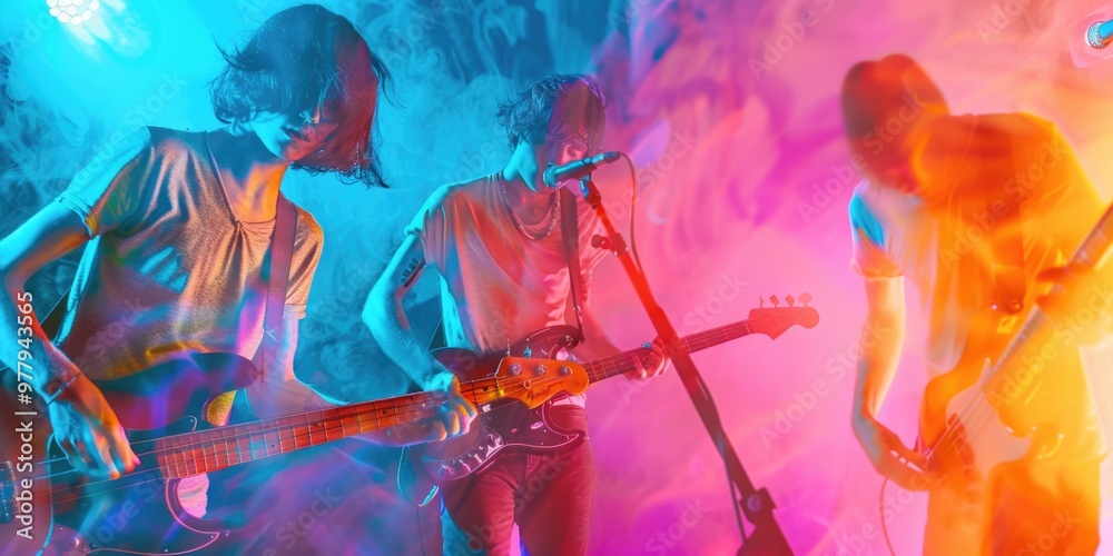 Poster a group of people standing next to each other on a stage, with lights and background