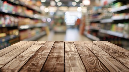 Obraz premium A wooden table showcasing products in a grocery store aisle