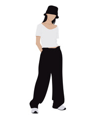 Vector illustration of a woman in a white top and black baggy pants. Simple casual