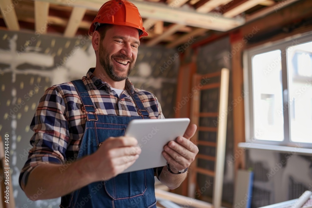 Poster a worker uses a tablet computer on site