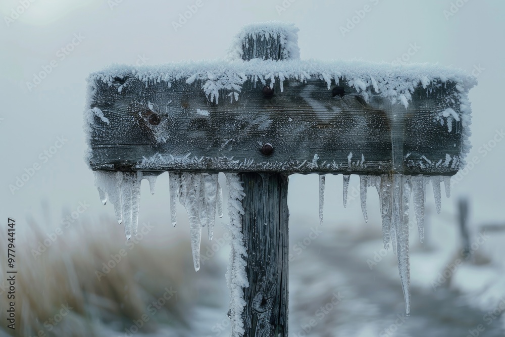 Sticker A rustic wooden sign covered in icicles, perfect for winter or holiday scenes