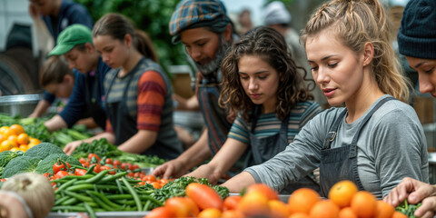 Farmers working together sorting fresh produce from harvest