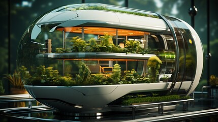 Fototapeta premium A futuristic oval glass terrarium structure houses a lush indoor garden with tiered platforms, providing a vision of sustainable urban living and botanical innovation.