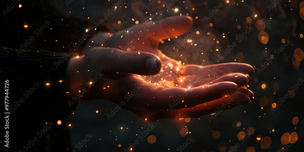 Poster a person grasping a shimmering item with joy and wonder