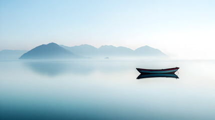Solitary boat floating on a peaceful ocean with an endless sky and subtle waves


