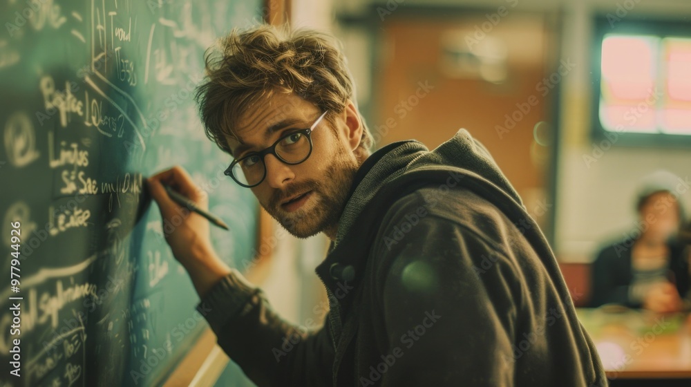 Wall mural A teacher writing notes on a traditional blackboard in a classroom setting