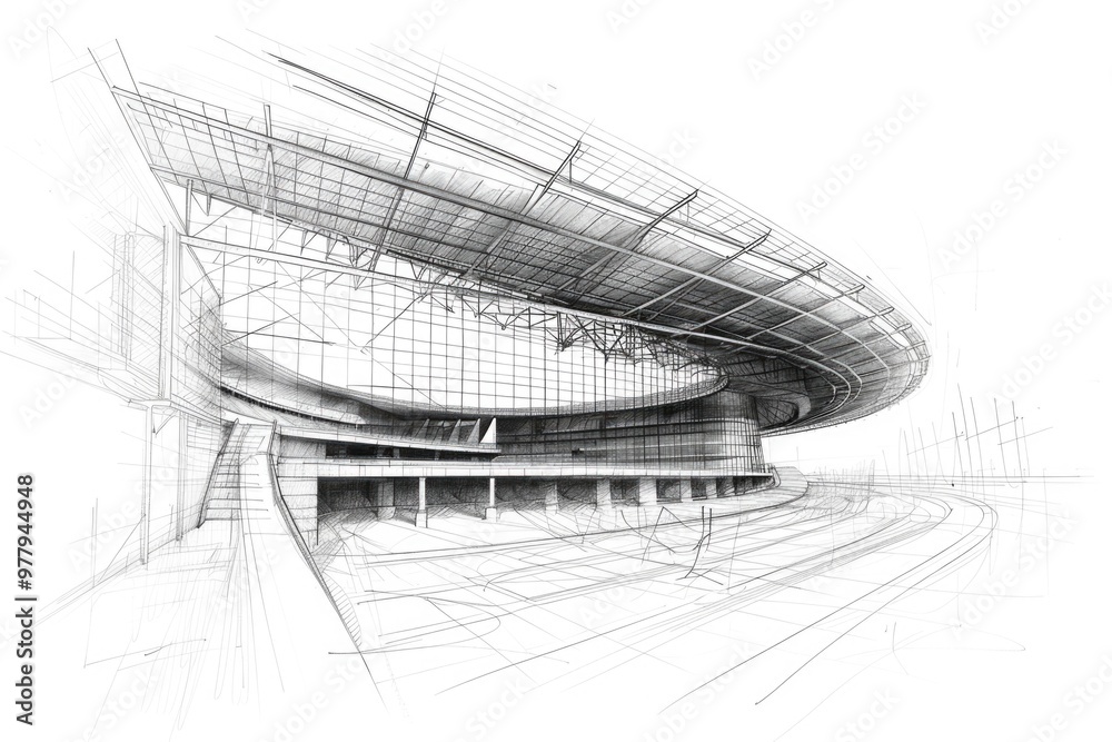 Poster a building with a unique curved roof design