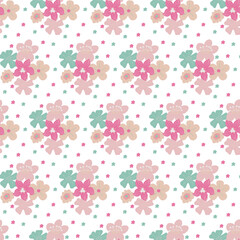 Seamless pattern of simple flowers and plant elements. Vector illustration in cartoon style.