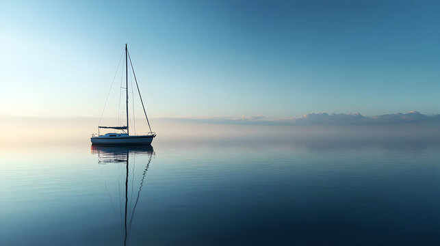 Tiny sailboat on an expansive, calm sea under a cloudless sky and no visible land


