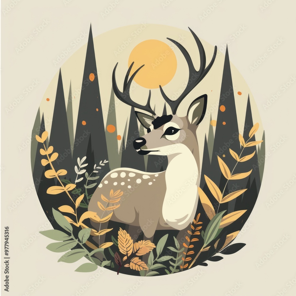 Poster a deer with impressive antlers standing in a dense forest environment