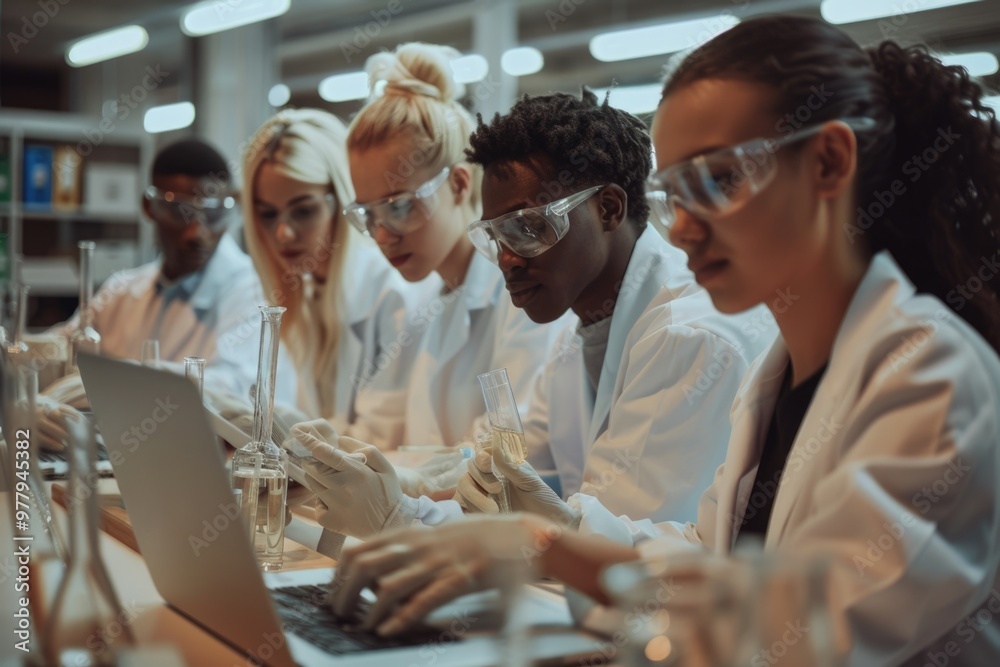 Poster group of researchers gathered around a laptop in a laboratory setting