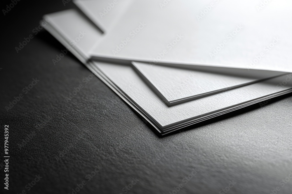 Poster a stack of white papers sitting on top of a table