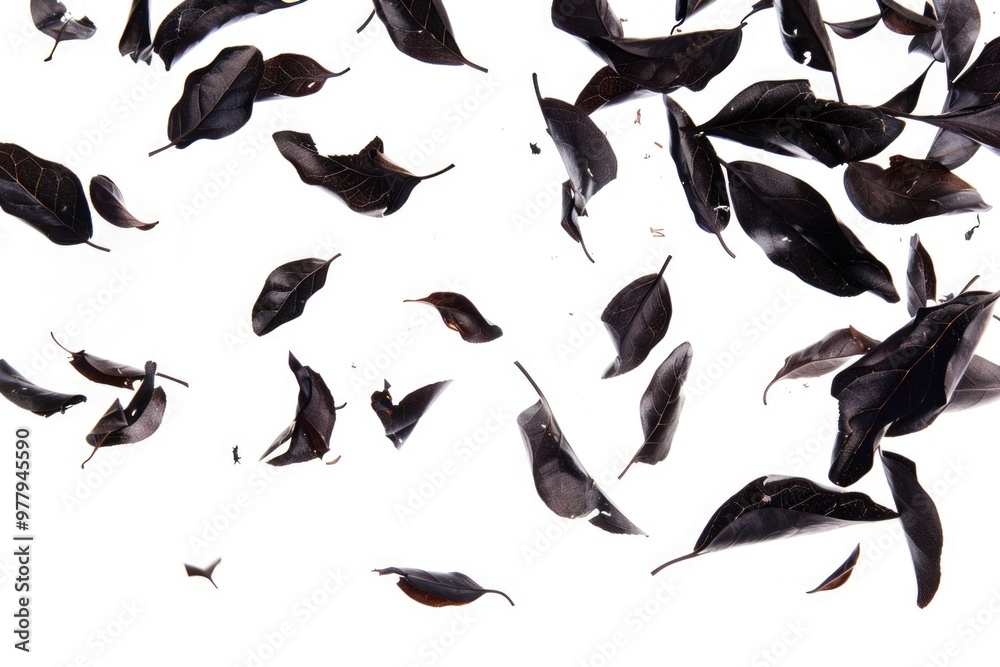 Poster a bunch of black leaves float in the air, with no visible support or source