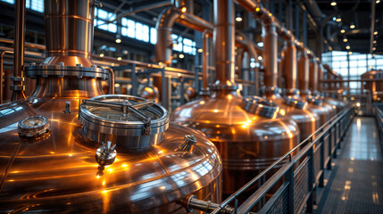 Copper stills shining under the lights of a distillery