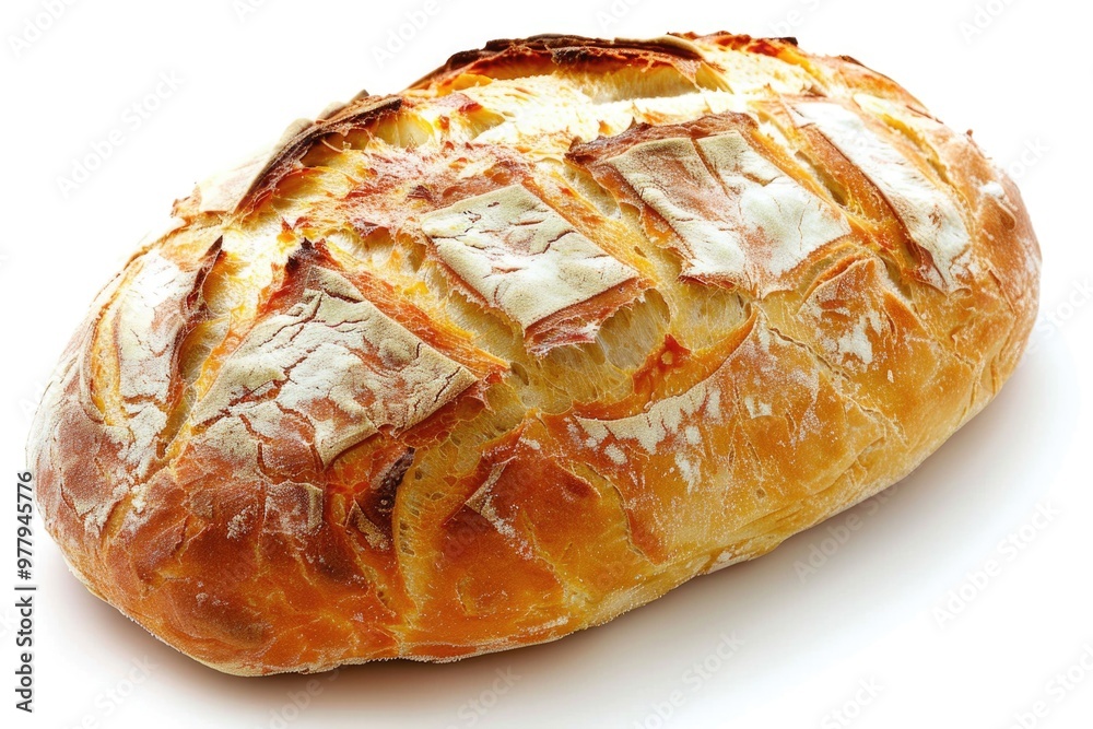 Poster a single loaf of bread sitting on a clean and simple white surface