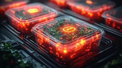 Futuristic food service delivering takeout convenience smart packaging maintains temperature quality of meal during transport ensuring restaurantquality experience home depicted dynamic futuristic