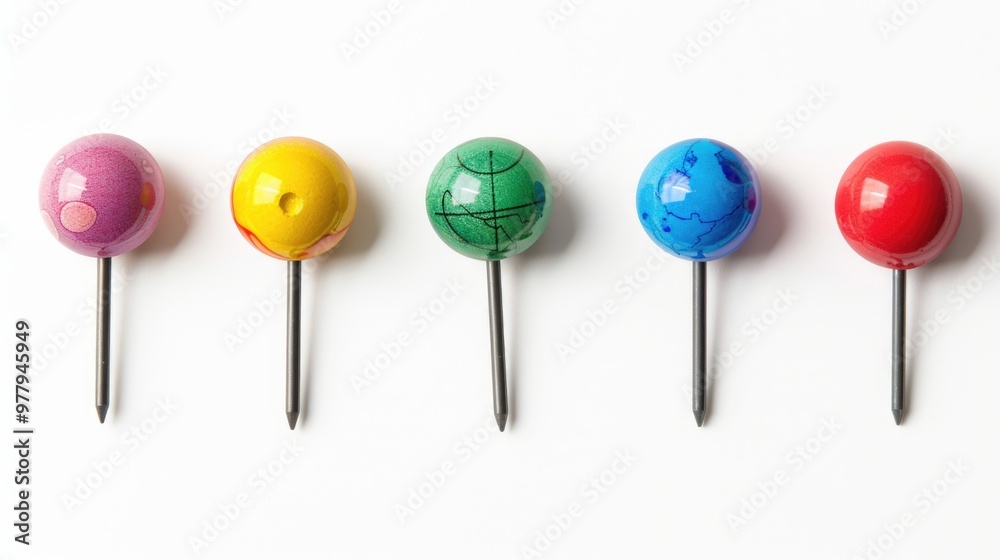 Poster a row of colorful pins on a white background, great for design and diy projects