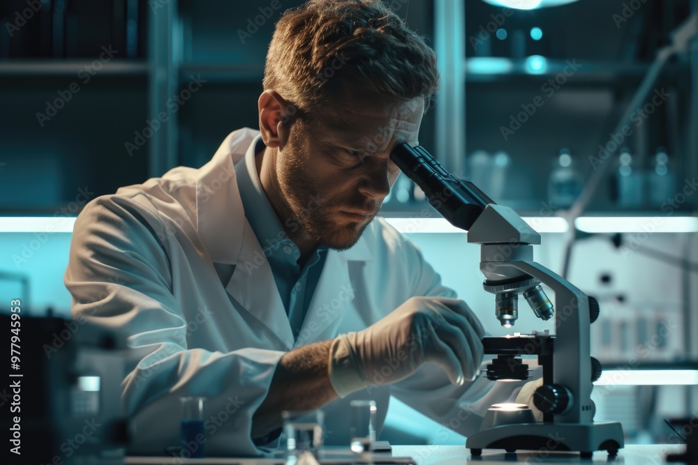 Poster Man in a lab coat using a microscope to examine a sample, suitable for scientific or educational contexts