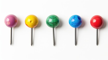 A row of colorful pins on a white background, great for design and DIY projects