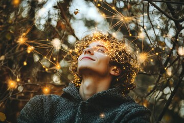 Boy looking upward surrounded by glowing neural lights representing youthful wonder curiosity and the connection between imagination and neural networks