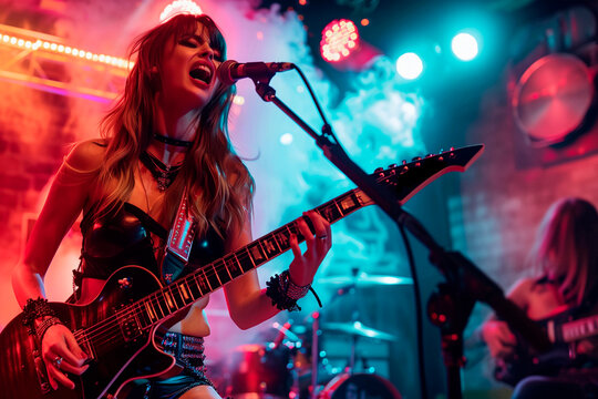 Woman Singing and Playing Electric Guitar on Stage, generated with artificial intelligence
