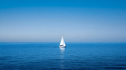 Obraz premium Tiny sailboat on an expansive, calm sea under a cloudless sky and no visible land