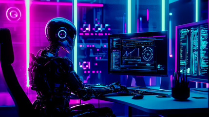 A robot acting as a graphic designer in a high-tech design studio, surrounded by advanced technology and creative tools.