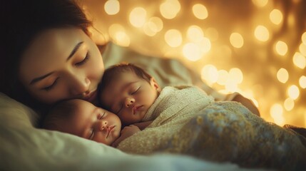 Mother and Two Sleeping Infants in Bed with Bokeh Lights