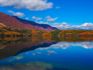 青木湖の湖面に映る紅葉した山並み　長野県大町市