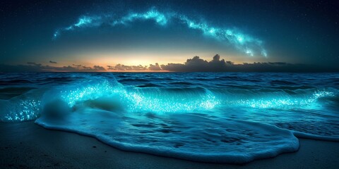 Bioluminescent waves glow blue and green on a dark sandy beach under a starry night sky