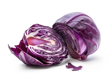 Fototapeta premium A fresh purple cabbage cut into two halves, sitting on a clean white surface