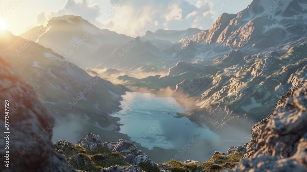 Poster a serene landscape featuring a majestic mountain range with a calm lake in the foreground