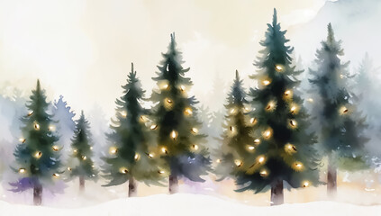 Fototapeta premium Watercolor holiday image of Christmas trees in a snowy forest with glowing lights.