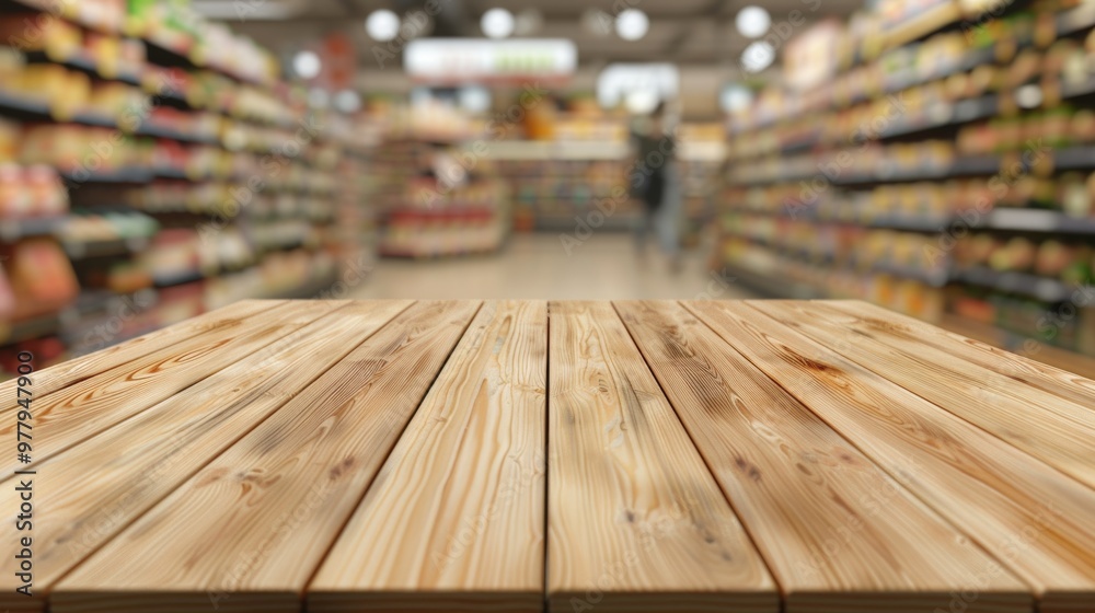 Poster a wooden table filled with various groceries and products in a typical store aisle