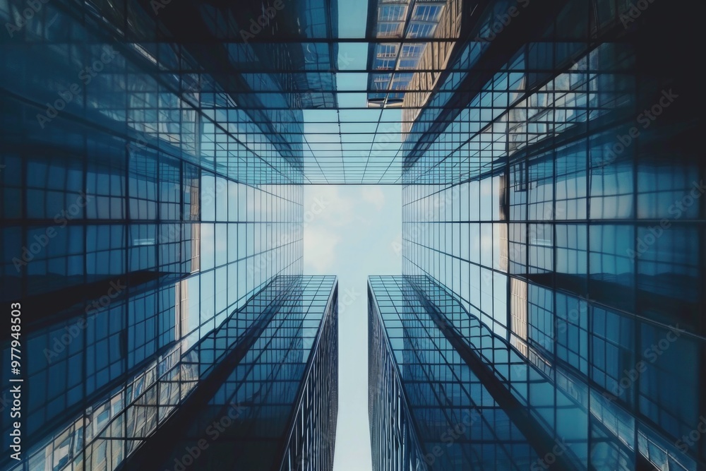 Poster A view of a tall building looking up with details on the structure and surrounding environment
