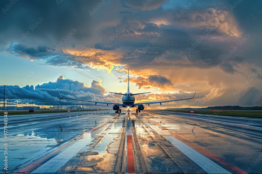 Poster a plane sitting on a wet runway under a cloudy sky