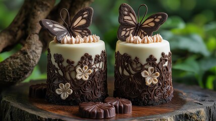 Two elegant chocolate pastries adorned with intricate chocolate decorations and butterfly motifs, placed on a wooden surface