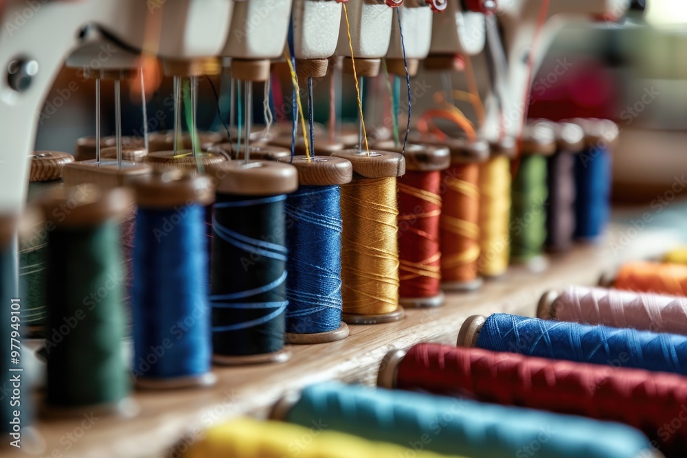 Poster a row of spools of thread stored on a shelf, perfect for a craft or sewing room