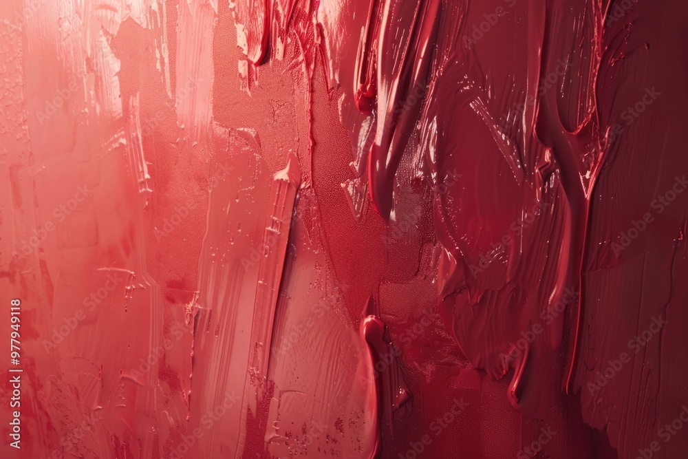 Poster close-up of a wall covered with thick layers of red paint, suitable for creative projects or archite