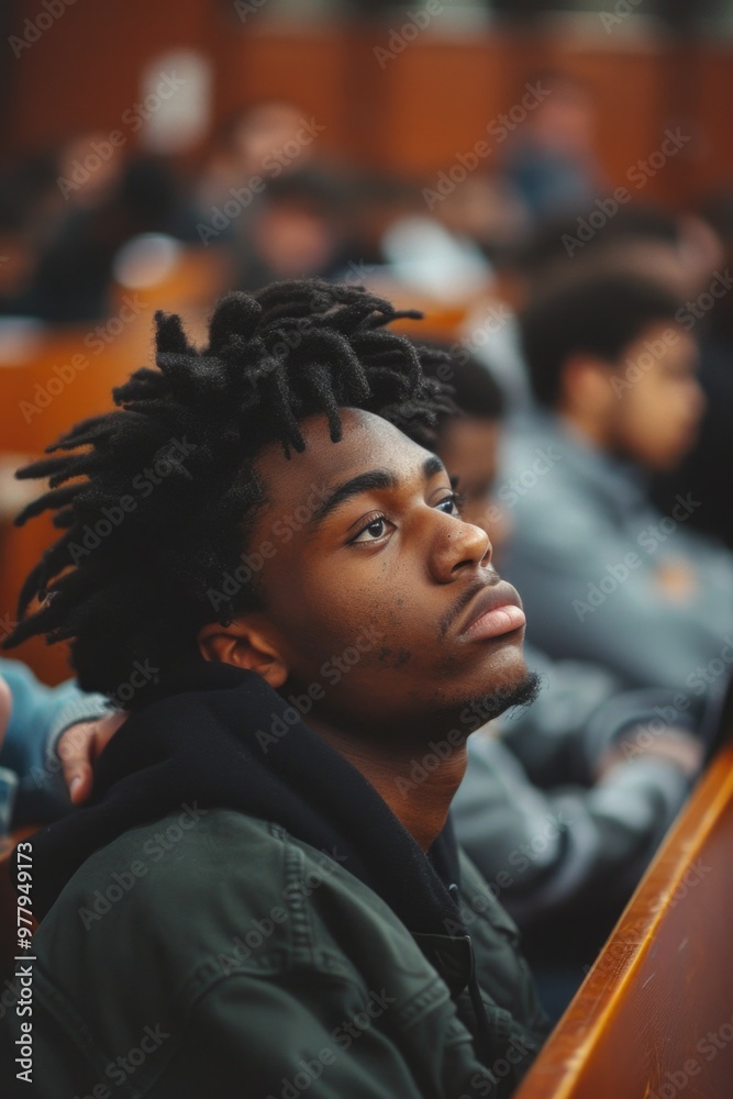 Poster a man with dreadlocks seated in a lecture hall, ideal for educational or inspirational imagery