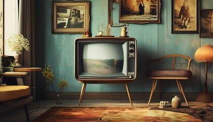 Nostalgic vintage living room with an old television displaying static, adorned with sentimental...