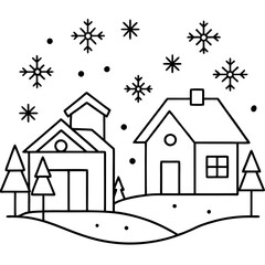 Cozy Village Scene Small Houses, Trees, and Snowflakes Art Vector