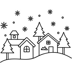 Fototapeta premium Cozy Village Scene Small Houses, Trees, and Snowflakes Art Vector