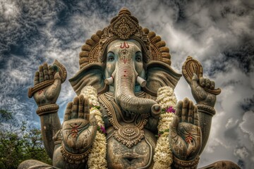 A realistic image of an elephant wearing flowers on its head, perfect for use in nature-inspired designs and decorations