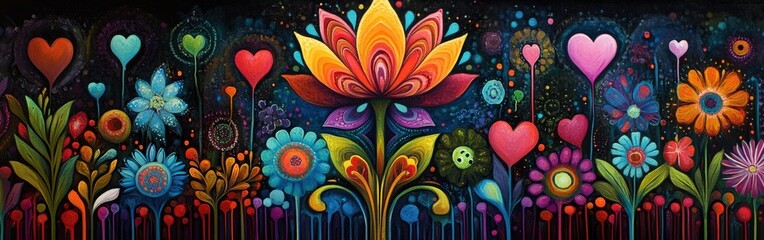 Psychedelic flower painting with colorful hearts and drips