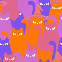 Halloween animals seamless cats witch pattern for wrapping paper