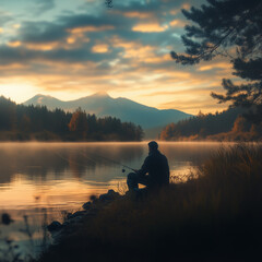 an early morning fishing scene in a breathtaking natural setting. A person sits on the lakeshore, facing a calm lake that reflects the golden light of sunrise, fishing man,fishing by the lake